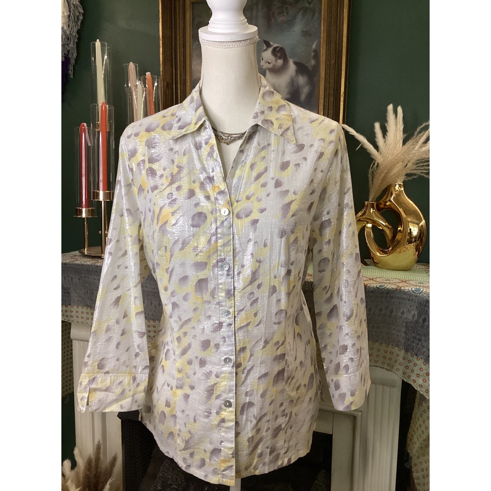 Alfred Dunner Metallic Animal Print Blouse Yellow Grey Cinched Back Size 10β